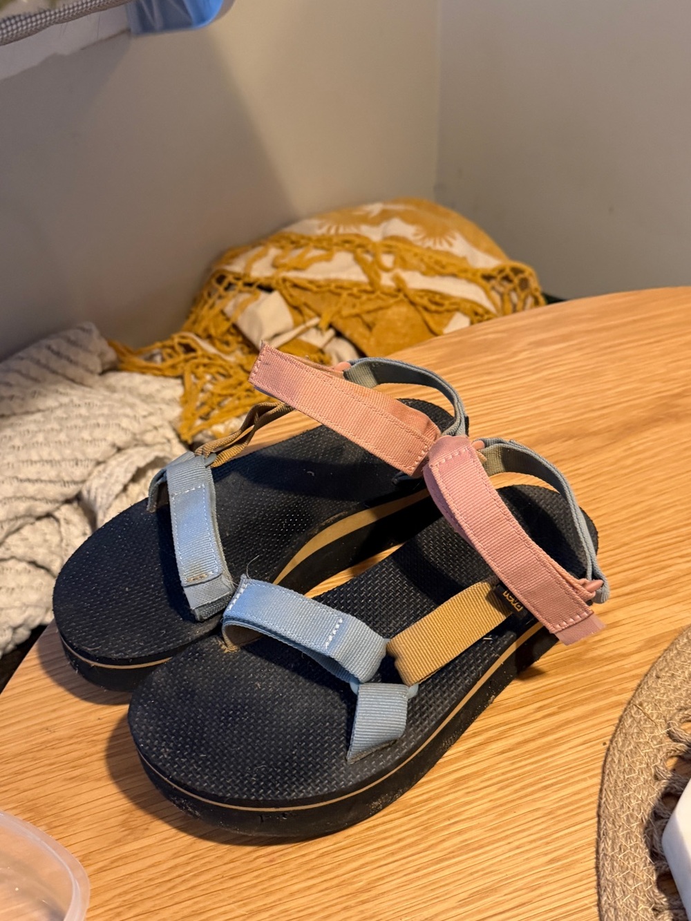 Teva Platform Strap Sandals in Black with Pink & Light Blue Straps